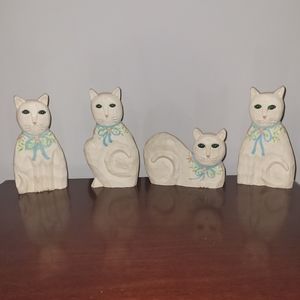 Vintage James Haddon Folk Artist. White Cats Hand Carved and Painted. Set of 4